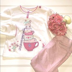 Gap Pink Corduroy Jeans Pretty Vintage Teacup Long Sleeve Shirt Size 6-12M